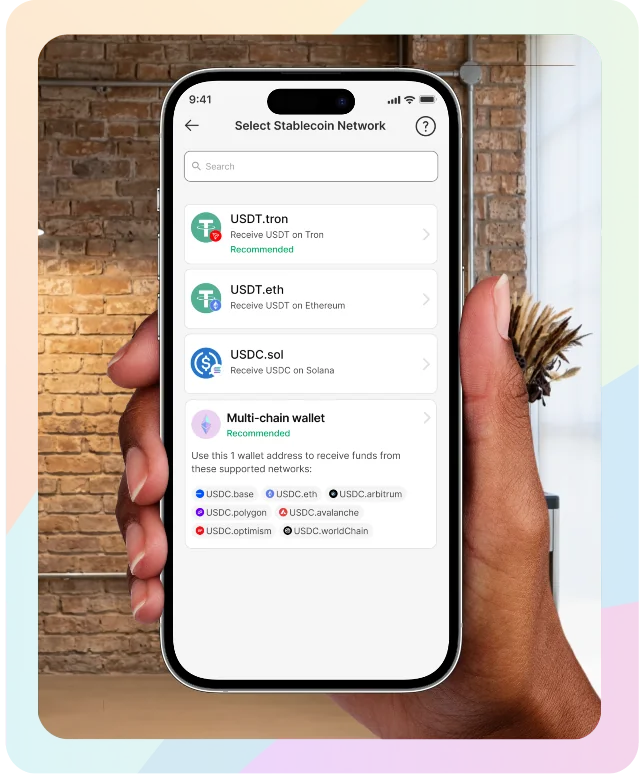 StableCoin Selection Page on the Mobile App