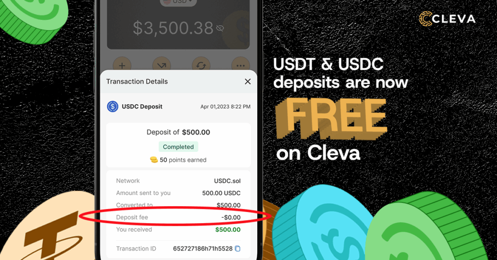 An image showing Cleva's app homepage where it states that USDT & USDC deposits are now free on the Cleva  app